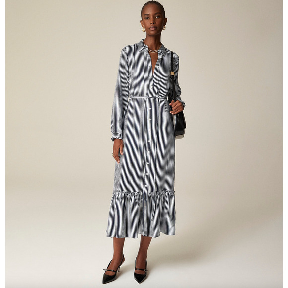 J.Crew Long Amelia Shirt Dress Striped Drapey Viscose Twill Nautical XXS NWT - Picture 1 of 14